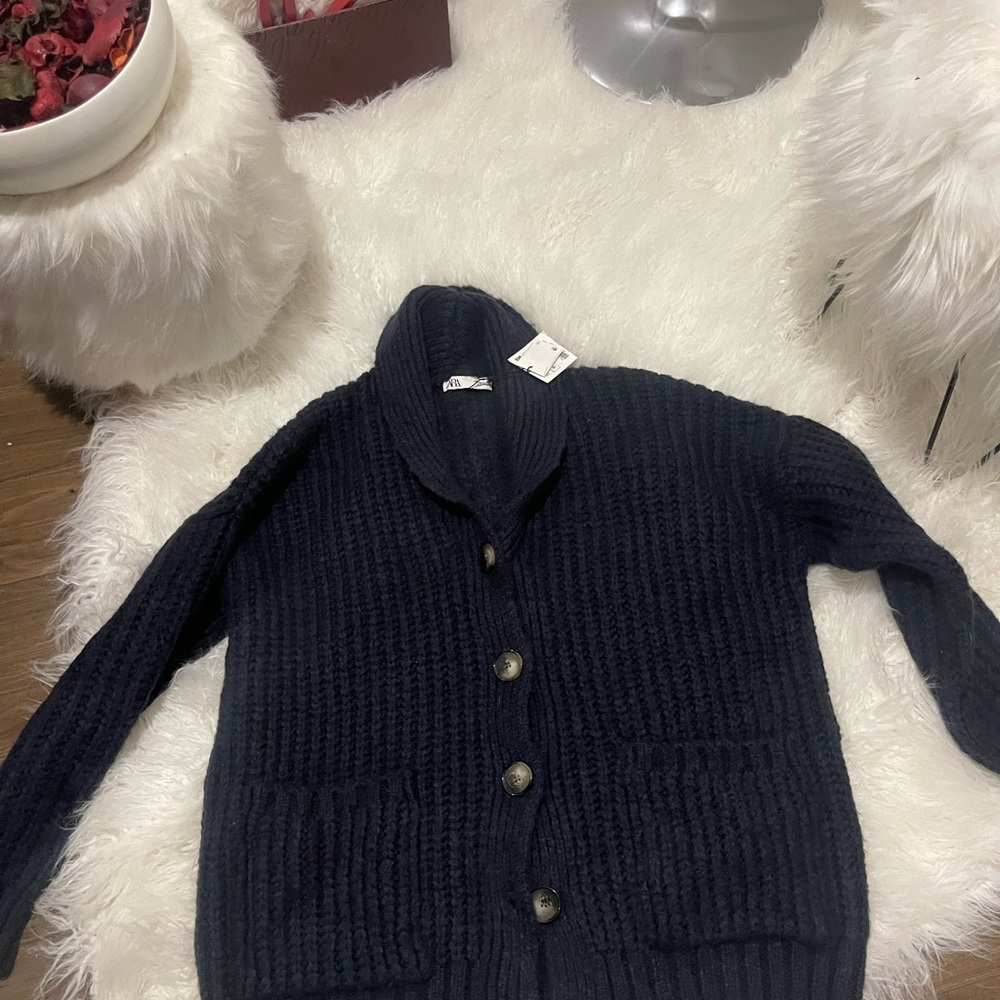 Zara oversize thick navy blue cardigan Sweater - Picture 4 of 8
